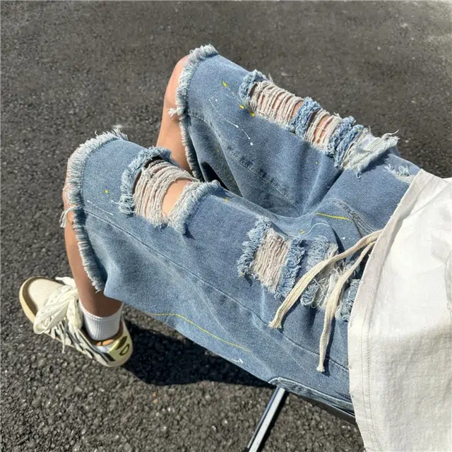 木木兔 美式高街破洞复古潮牌休闲毛边百搭小众时尚高级感五分牛仔短裤 男款