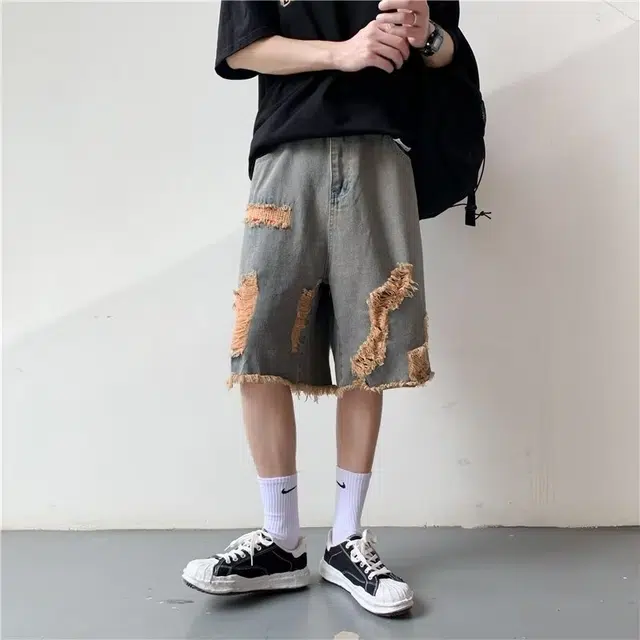 木木兔 夏季美式复古破洞潮牌薄款拼色休闲百搭小众时尚设计感五分牛仔短裤 男款