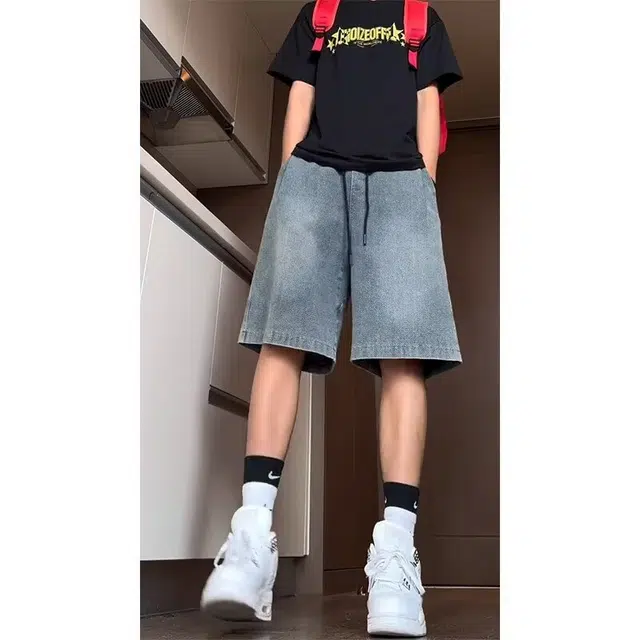 木木兔 美式复古痞帅潮牌休闲直筒百搭小众时尚设计感五分裤牛仔短裤 男款