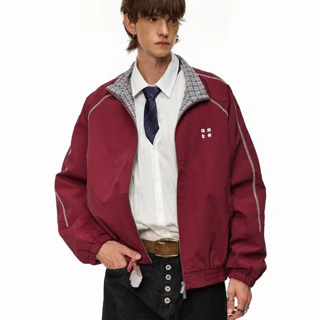 木木兔美式休闲外套 翻领格子哈苏线运动字母刺绣宽松夹克 儿童款