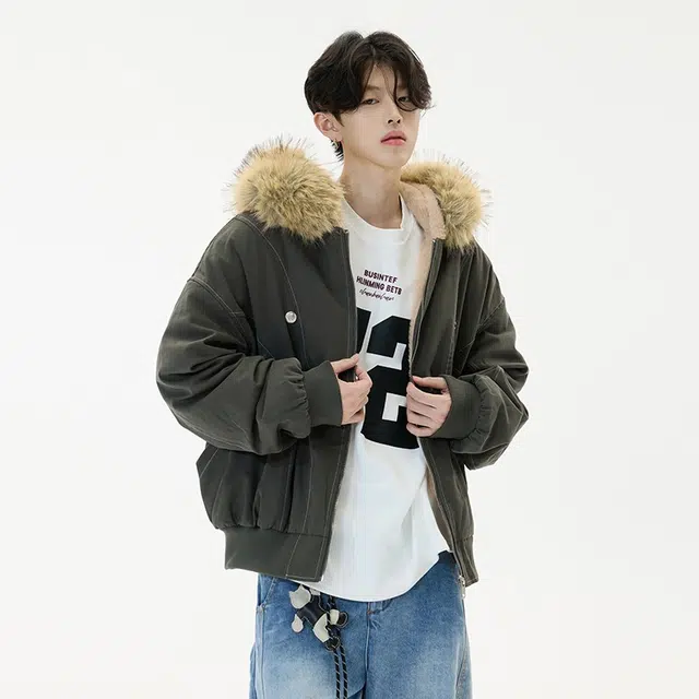 木木兔 国潮座山雕毛绒连帽棉服宽松棉衣夹棉外套 男款