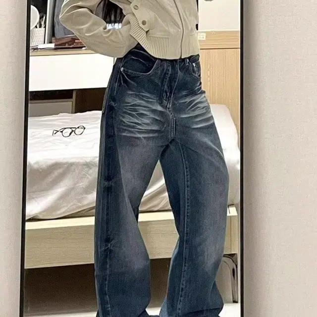 木木兔 美式复古高级感小众做旧猫须直筒宽松牛仔裤休闲时尚男设计感痞帅裤子潮牌 男款