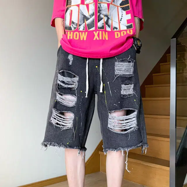 木木兔 美式毛边破洞复古潮牌高街休闲百搭小众时尚设计感五分裤牛仔短裤 男款