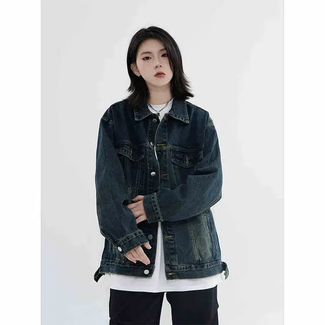 木木兔 美式潮牌水洗做旧牛仔外套复古宽松嘻哈百搭情侣翻领夹克 男款