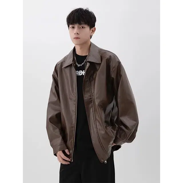 木木兔 美式复古皮衣痞帅潮牌休闲宽松外套情侣翻领夹克 男款