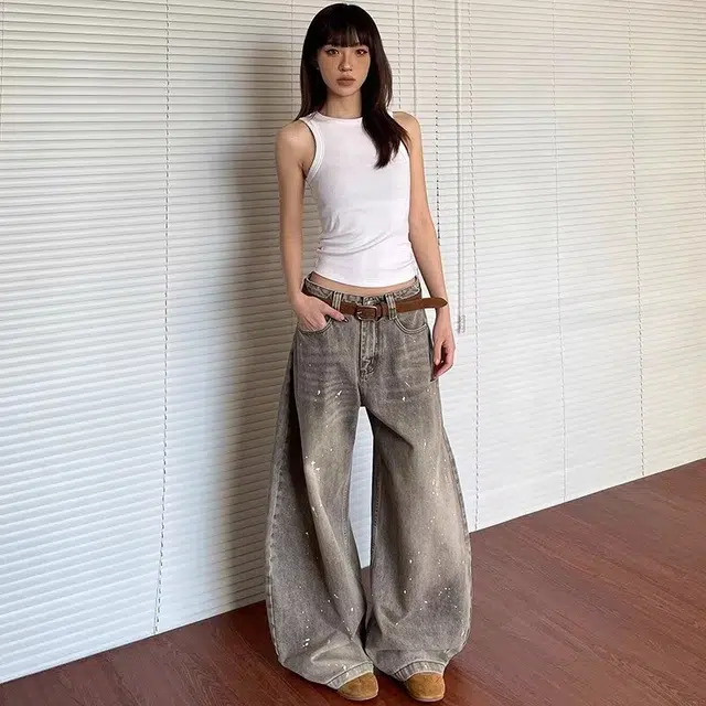 木木兔 美式复古水洗做旧泼墨弯刀牛仔裤男女潮牌街头宽松阔腿裤子潮 男款