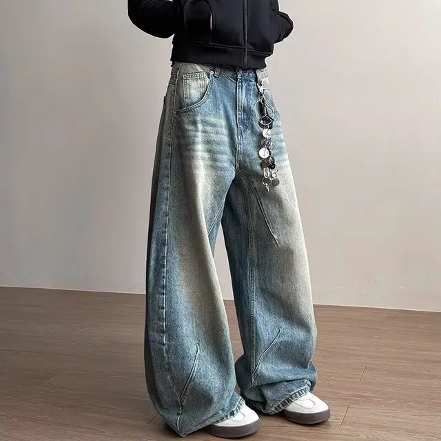 木木兔 美式水洗做旧弯刀牛仔裤 男女复古小众高街宽松阔腿情侣裤子 男款