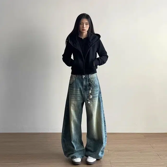 木木兔 美式水洗做旧弯刀牛仔裤 男女复古小众高街宽松阔腿情侣裤子 男款