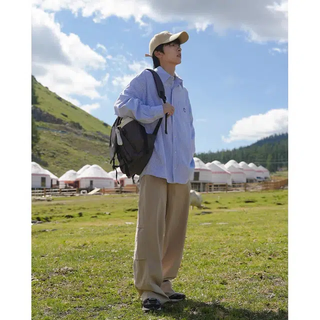 木木兔 美式春秋季慵懒风休闲上衣宽松百搭外套笑脸条纹长袖衬衫 男女同款