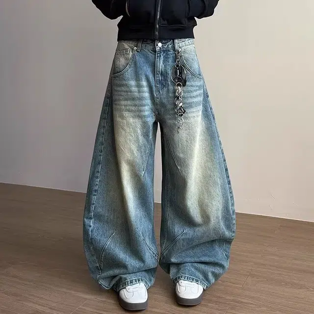 木木兔 美式水洗做旧弯刀牛仔裤 男女复古小众高街宽松阔腿情侣裤子 男款