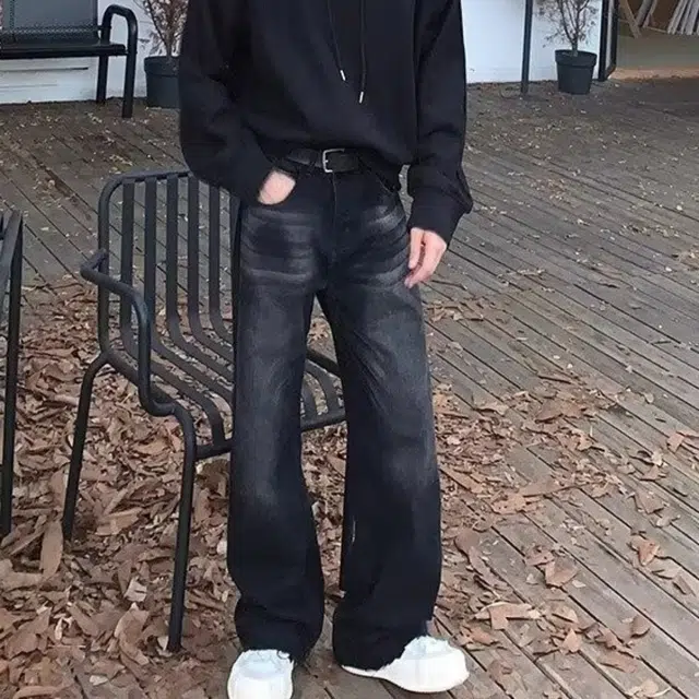 木木兔 美式微喇复古高街牛仔裤薄款水洗做旧休闲时尚宽松设计感直筒阔腿拖地长裤 男款