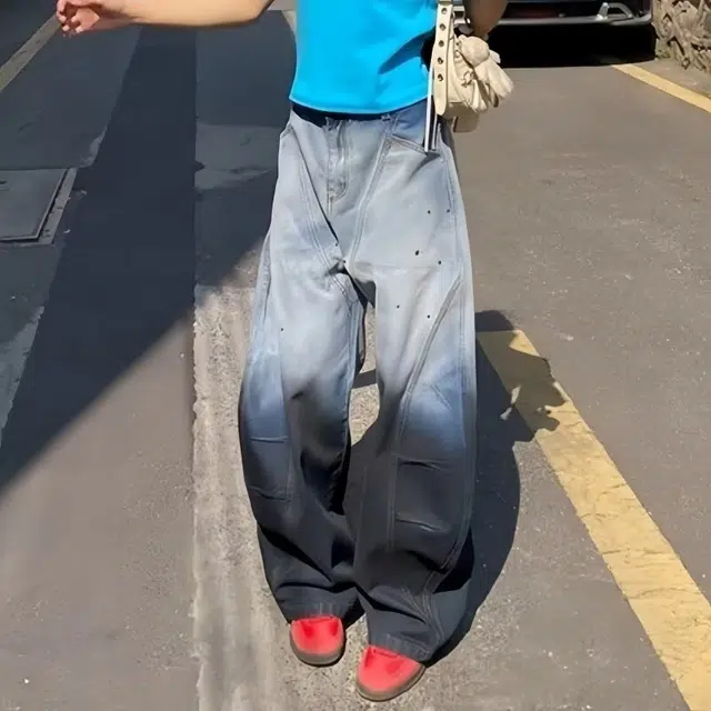 木木兔 美式复古泼墨渐变弯刀牛仔裤 简约时尚百搭潮流休闲宽松大码长裤  男款