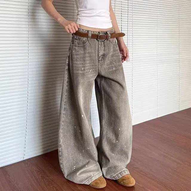 木木兔 美式复古水洗做旧泼墨弯刀牛仔裤男女潮牌街头宽松阔腿裤子潮 男款