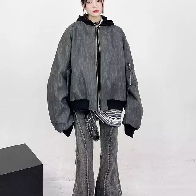 木木兔 美式高街假两件皮衣外套春季连帽做旧痞帅休闲潮牌复古皮夹克 男款