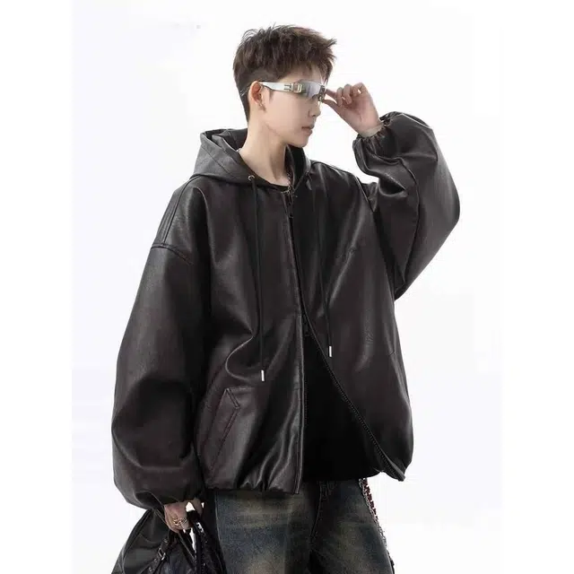 木木兔 美式复古连帽皮衣痞帅高级感外套机车服夹克 男款