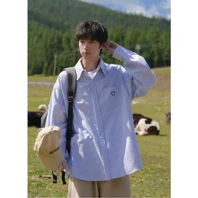 木木兔 美式春秋季慵懒风休闲上衣宽松百搭外套笑脸条纹长袖衬衫 男女同款