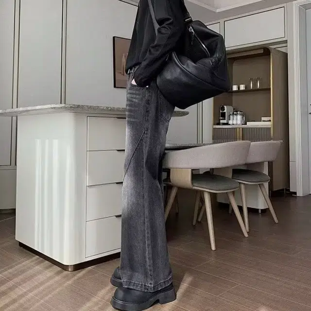 木木兔 夏季美式显高显瘦百搭牛仔裤休闲时尚宽松设计感小众直筒微喇长裤 男款