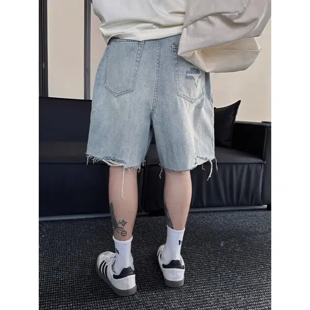 木木兔 美式复古磨边猫须破洞休闲百搭潮流小众时尚设计感五分裤牛仔短裤 男款