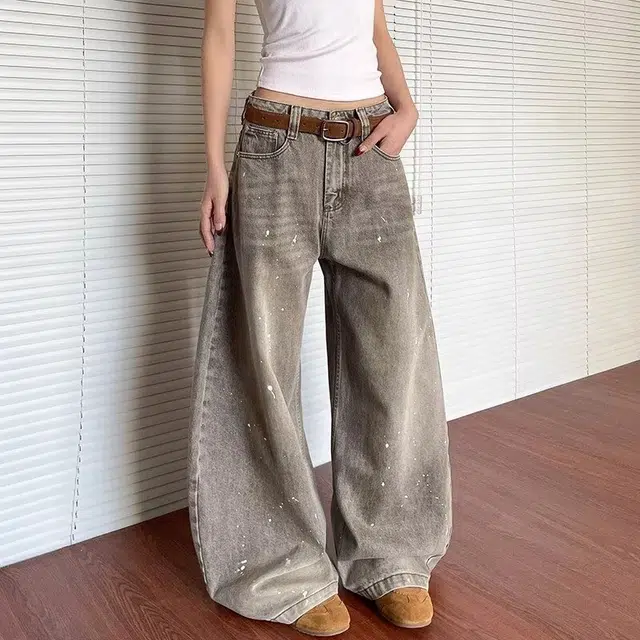 木木兔 美式复古水洗做旧泼墨弯刀牛仔裤男女潮牌街头宽松阔腿裤子潮 男款