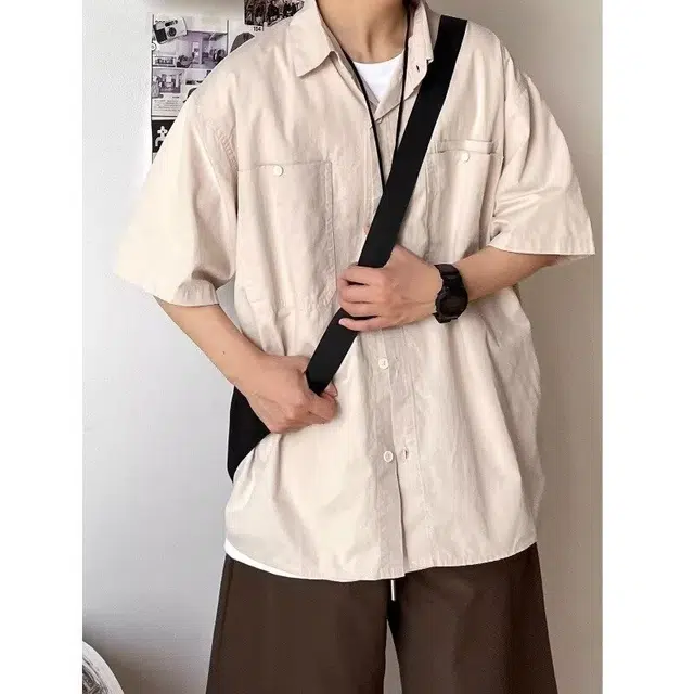 木木兔 夏季日系复古纯色简约宽松休闲百搭工装衬衣外套短袖衬衫 男款