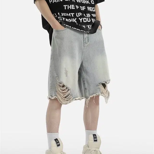 木木兔 美式破洞水洗复古潮牌高街痞帅休闲百搭小众时尚设计感五分裤牛仔短裤 男款