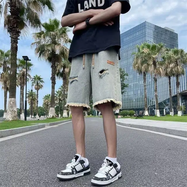 木木兔 美式复古痞帅潮牌毛边破洞休闲百搭小众时尚设计感五分裤牛仔短裤 男款