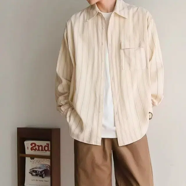 木木兔 美式复古条纹学院风休闲宽松百搭长袖衬衫 男款