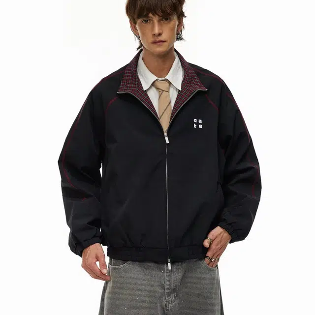 木木兔美式休闲外套 翻领格子哈苏线运动字母刺绣宽松夹克 儿童款