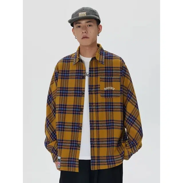 木木兔 美式复古休闲格纹翻领内搭衬衣时尚小众潮流百搭设计感长袖衬衫 男女同款