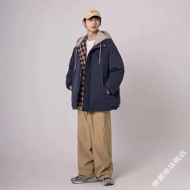 木木兔 美式假两件宽松潮牌面包工装棉服 男款