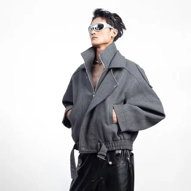 木木兔 美式复古毛呢假两件翻领短款外套高级感夹克 男款