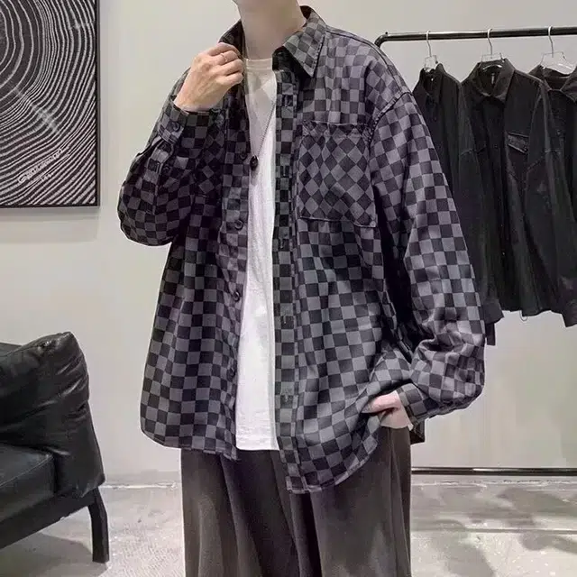 木木兔 美式棋盘格翻领宽松休闲长袖衬衫 男女同款