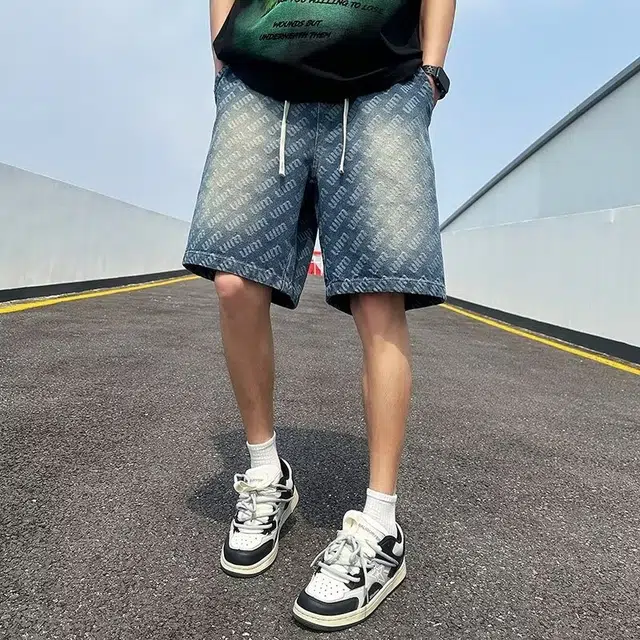 木木兔 美式薄款提花纹复古潮牌直筒宽松休闲百搭小众时尚设计感五分裤牛仔短裤 男款