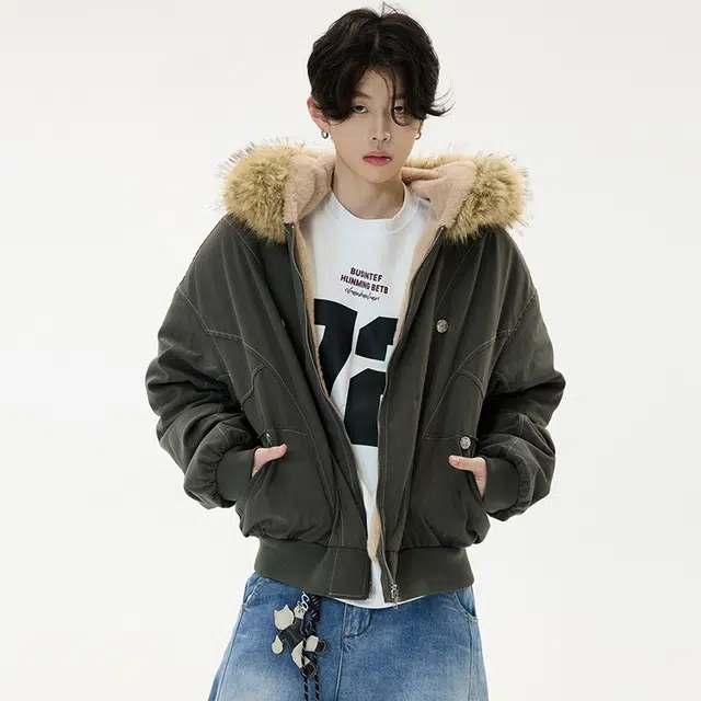 木木兔 国潮座山雕毛绒连帽棉服宽松棉衣夹棉外套 男款