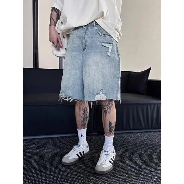 木木兔 美式复古磨边猫须破洞休闲百搭潮流小众时尚设计感五分裤牛仔短裤 男款