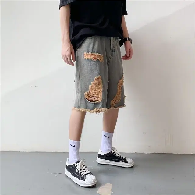 木木兔 夏季美式复古破洞潮牌薄款拼色休闲百搭小众时尚设计感五分牛仔短裤 男款