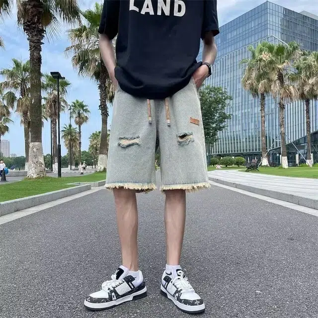 木木兔 美式复古痞帅潮牌毛边破洞休闲百搭小众时尚设计感五分裤牛仔短裤 男款