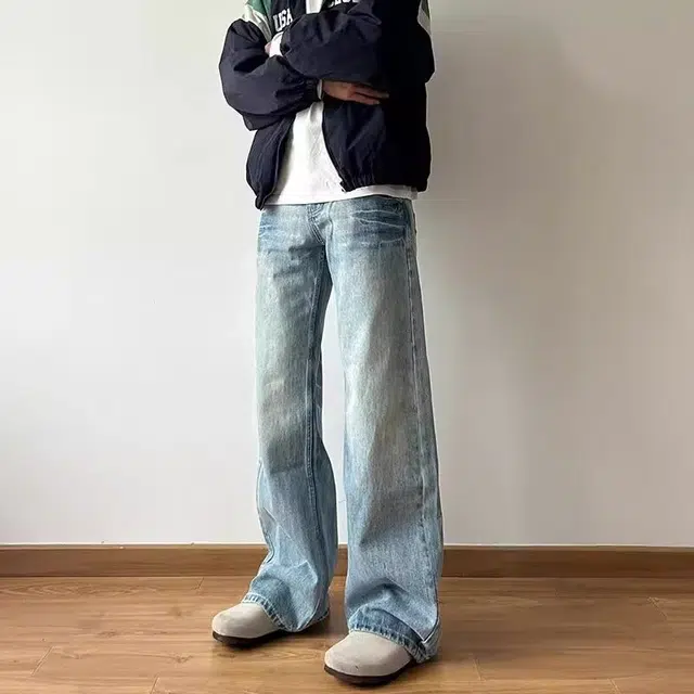木木兔 美式复古水洗做旧小众闪电裂纹设计牛仔裤百搭潮流男直筒宽松显瘦裤 男款