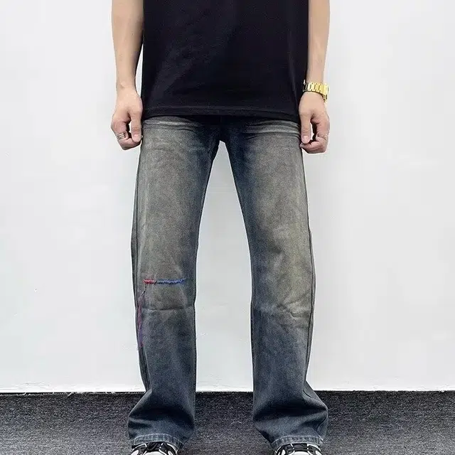 木木兔 美式高街刺绣流苏做旧牛仔裤休闲时尚设计感直筒修身显瘦裤子潮 男款