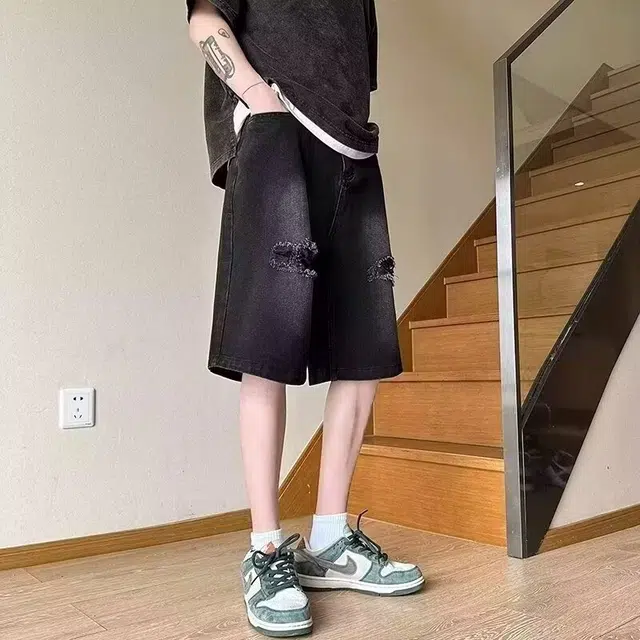 木木兔 美式破洞复古潮牌修身休闲百搭小众时尚直筒设计感五分裤牛仔短裤 男款