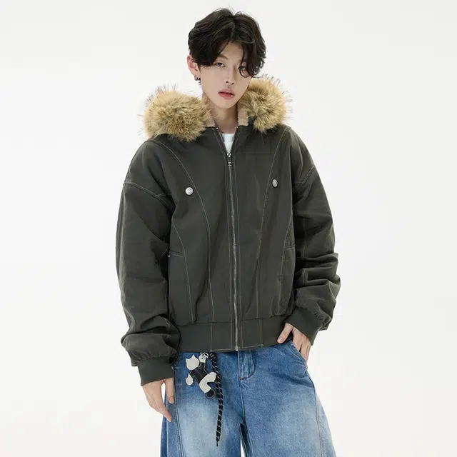 木木兔 国潮座山雕毛绒连帽棉服宽松棉衣夹棉外套 男款