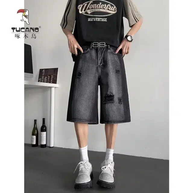 木木兔 美式高街破洞复古潮牌直筒休闲百搭小众时尚设计感七分裤牛仔短裤 男款