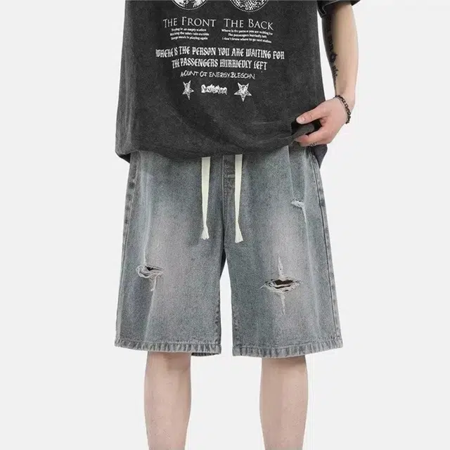 木木兔 美式破洞复古潮牌高街休闲百搭小众时尚直筒设计感五分裤牛仔短裤 男款