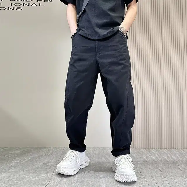 木木兔 美式高腰纯色弯刀裤痞帅工装裤百搭直筒宽松阔腿休闲裤 男款