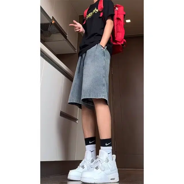 木木兔 美式复古痞帅潮牌休闲直筒百搭小众时尚设计感五分裤牛仔短裤 男款