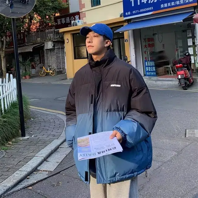 木木兔 美式立领短款渐变休闲宽松保暖加厚棉衣面包服外套 男款