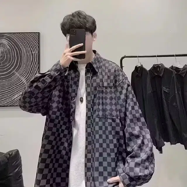 木木兔 美式棋盘格翻领宽松休闲长袖衬衫 男女同款