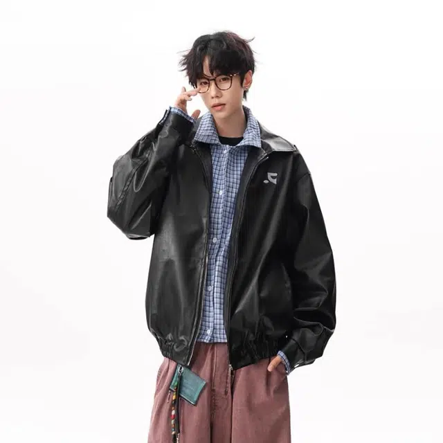 木木兔 美式复古假两件格子拼接皮衣宽松外套休闲时尚夹克 男款