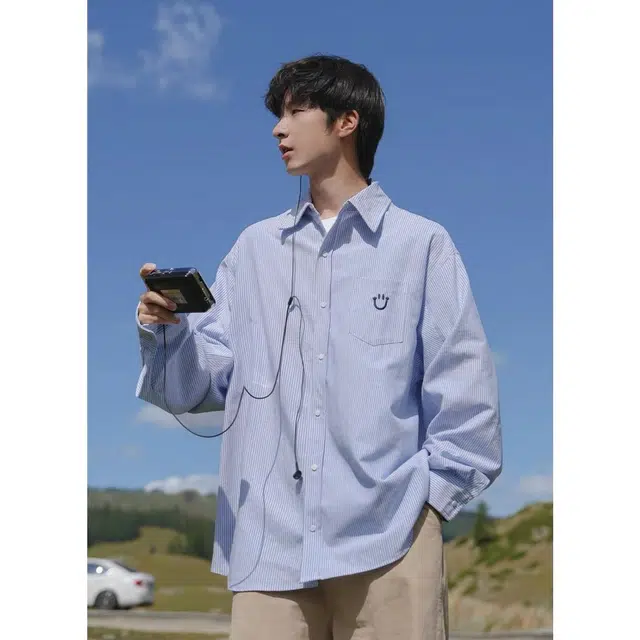 木木兔 美式春秋季慵懒风休闲上衣宽松百搭外套笑脸条纹长袖衬衫 男女同款