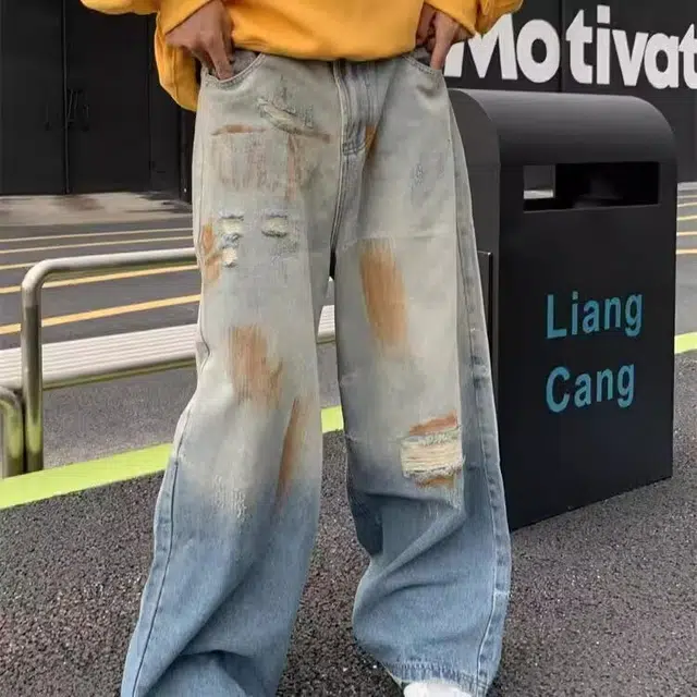 木木兔 美式复古涂鸦做旧破坏牛仔裤 情侣宽松直筒阔腿裤休闲长裤 男款